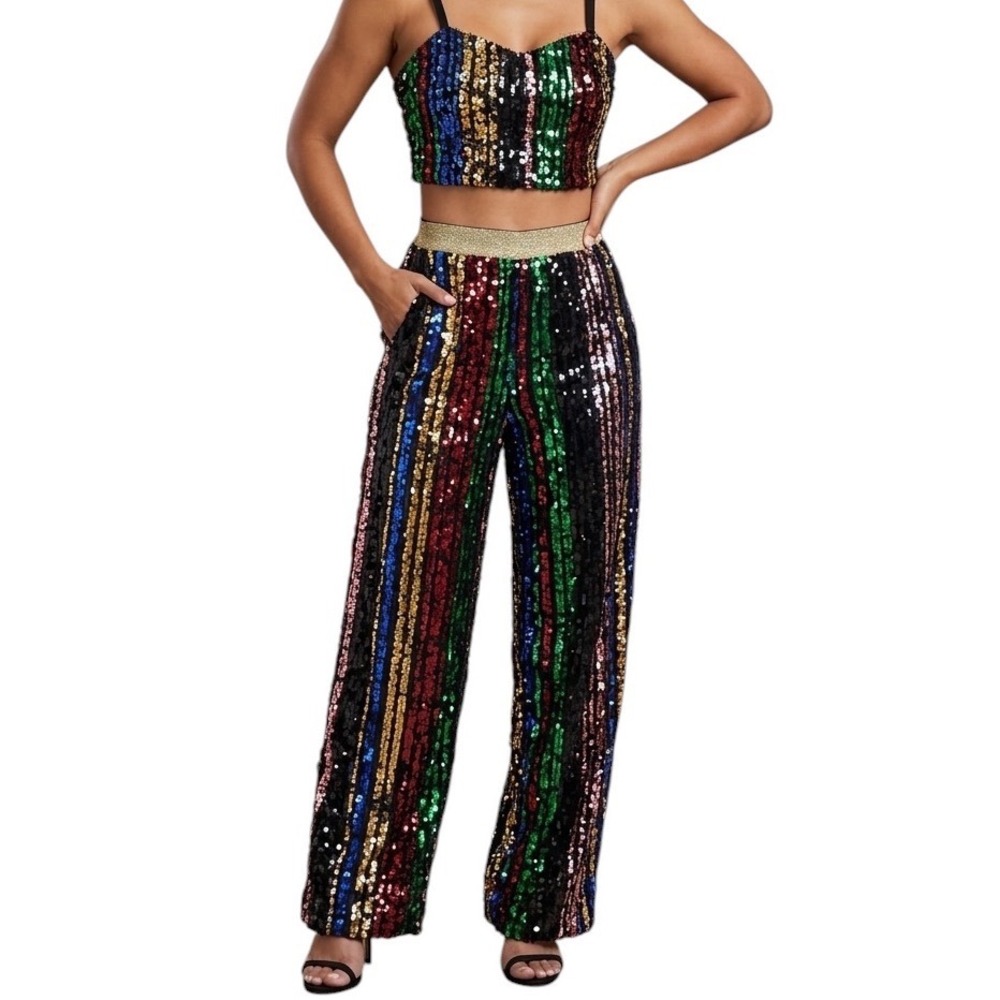 Love by Design Rainbow Sequin 2 Piece Set Crop Top M Pants S Festival Party Glam